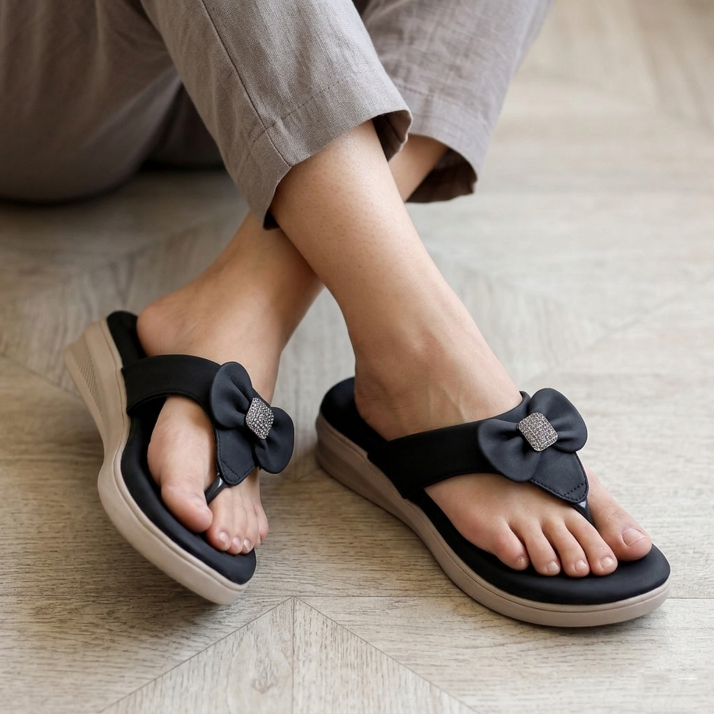 Saloni Comfort Wear Women’s Comfort Wedge Sandals | Soft Cushioned Heel Flip Flops | Toe Post Slip On Slippers with Bow | Daily Wear Ladies Chappal for Home, Casual & Outdoor Use