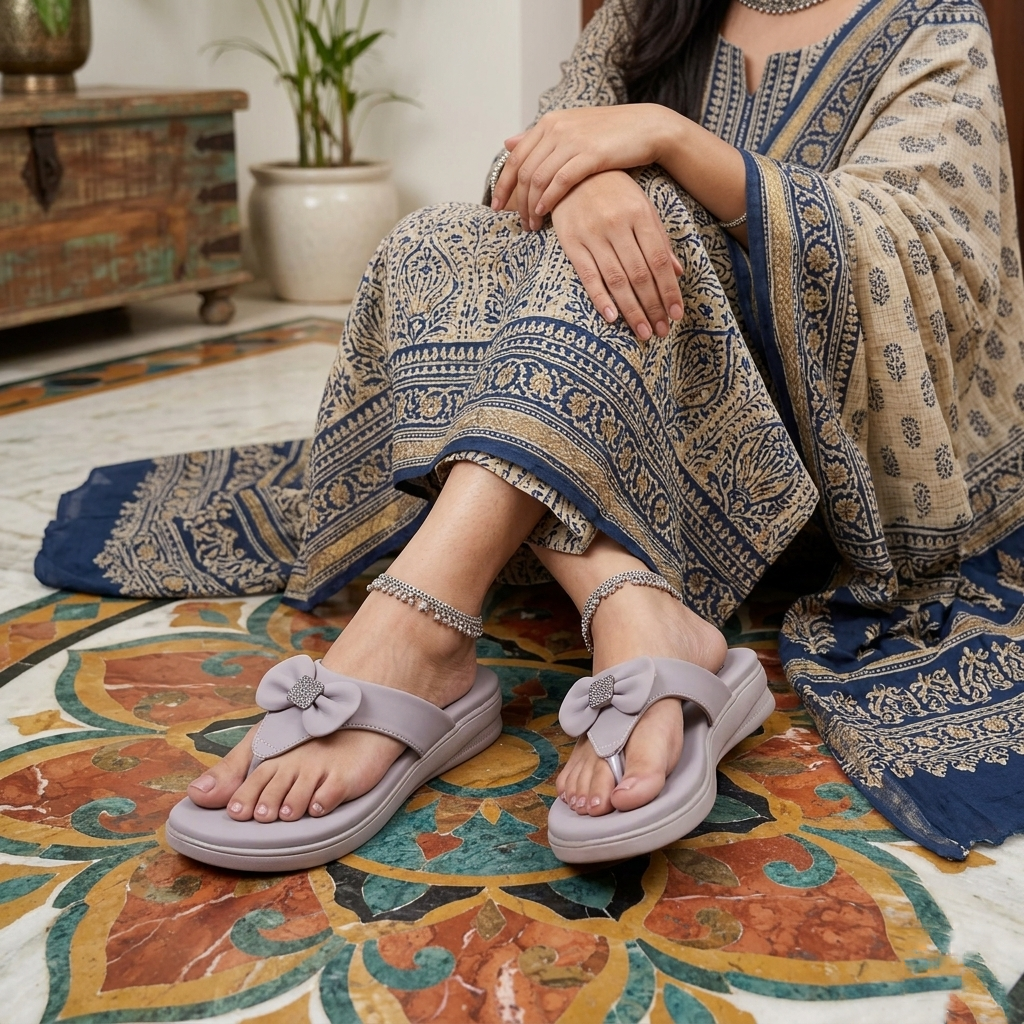 Saloni Comfort Wear Women’s Comfort Wedge Sandals | Soft Cushioned Heel Flip Flops | Toe Post Slip On Slippers with Bow | Daily Wear Ladies Chappal for Home, Casual & Outdoor Use